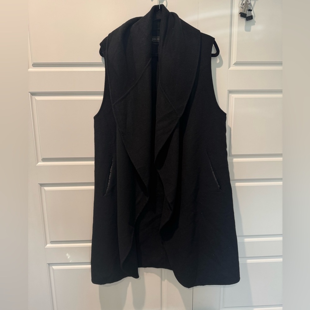Zara Women Black Classic Long Vest Oversized Collar Draped Hand Made Size Medium
